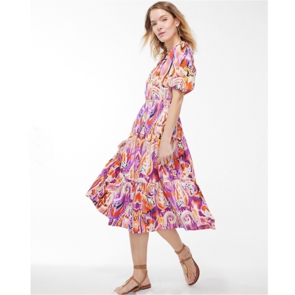 Chicos Puff Sleeve Tiered Paisley Cotton Midi Dress 12 - Picture 3 of 12